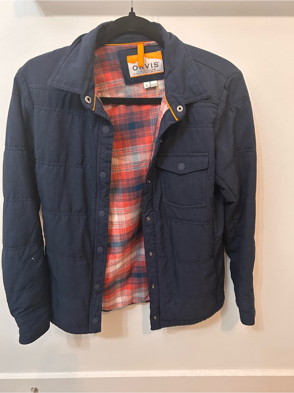 Orvis Men's Navy Jacket with Red and Blue Plaid Lining